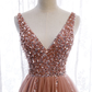 Pink Long Sparkle Beaded Tulle Slit Prom Dress,Pink V-Neckline Evening Gown gh161