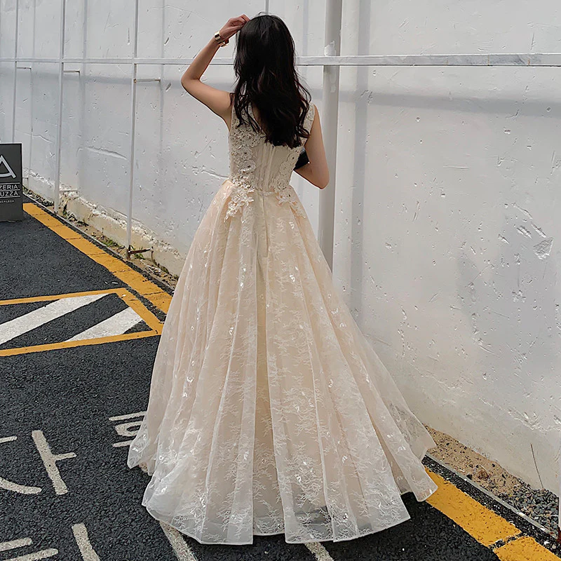 Robe de soirée longue en tulle à décolleté en V et dentelle champagne, robe de bal, robe de soirée en dentelle trapèze gh79