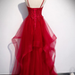 Robe de soirée longue à la mode en tulle et dentelle rouge, robe de bal longue gh277