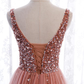 Pink Long Sparkle Beaded Tulle Slit Prom Dress,Pink V-Neckline Evening Gown gh161