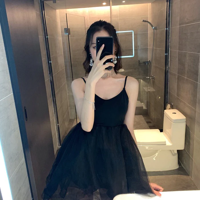 Sexy Tüllträger Kleines Schwarzes Kleid, Mini Damenkleid gh499