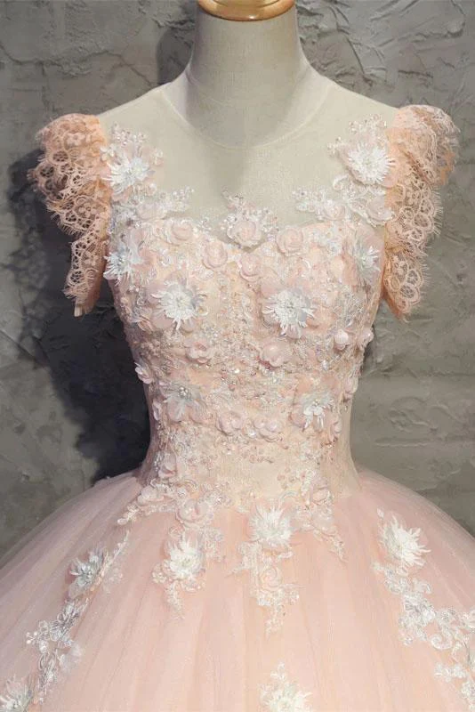 Robe de bal longue en tulle pêche clair avec fleurs, robe de bal princesse à col transparent, robe de soirée gh990