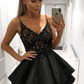A Line V Neck Lace Layered Black Top Lace Short Homecoming Dresses with Spaghetti Straps  gh860
