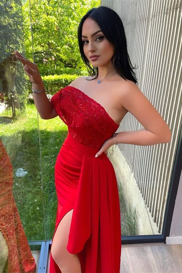 Red One Shoulder Sequins Strapless Split Mermaid Prom Dress With Lace Appliques gh776