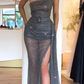 Sparkly Sequin Tulle One Shoulder Sexy High Slit Prom Dresses , Prom outfits  gh862