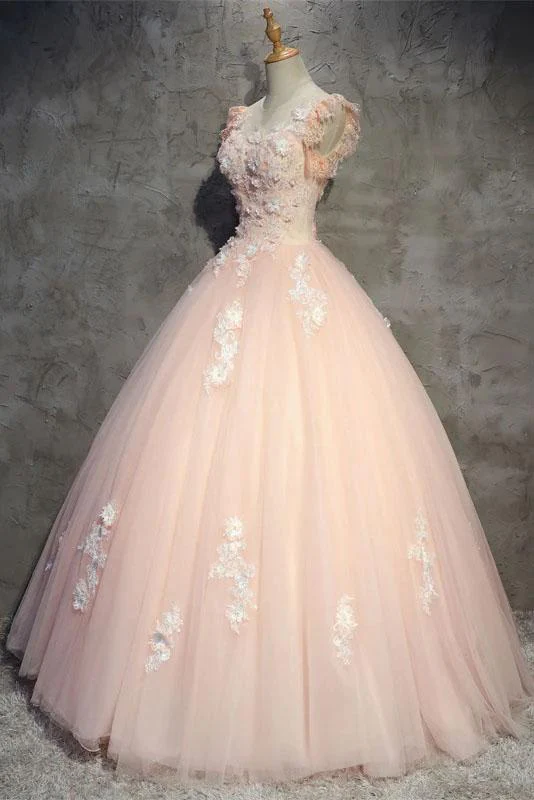 Robe de bal longue en tulle pêche clair avec fleurs, robe de bal princesse à col transparent, robe de soirée gh990