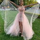 Pink floral sleeveless corset tulle long prom evening gown wedding dress gh995