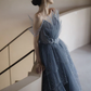 Gorgeous Blue Sparkly Tulle Beaded Prom Dress, Tiered Formal Gown With Rhinestone gh1001