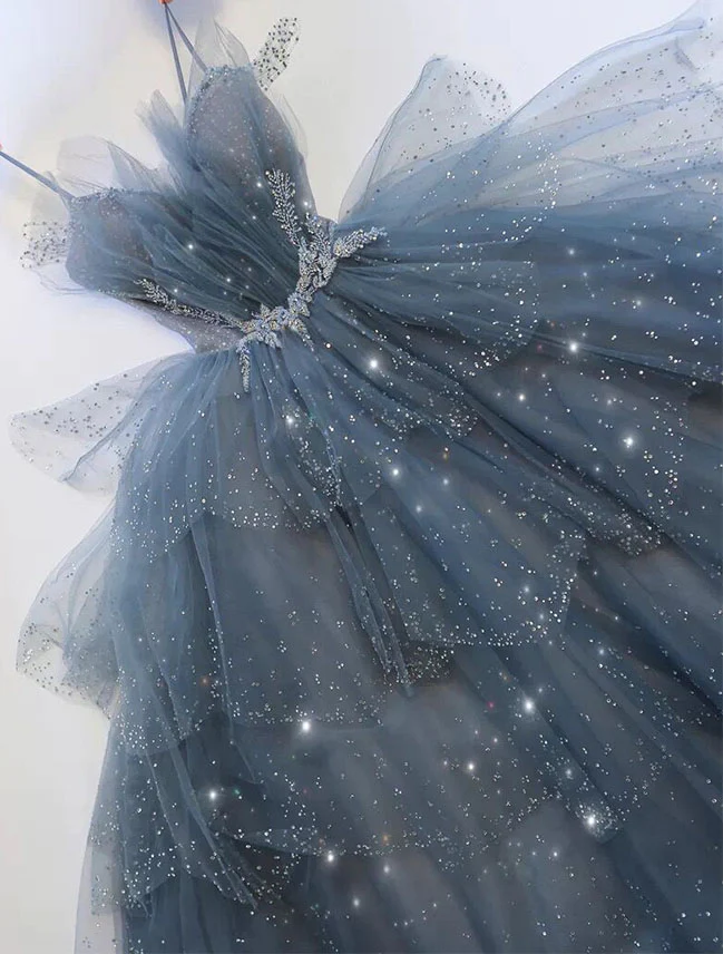 Wunderschönes blaues funkelndes Abendkleid aus Tüll mit Perlen, abgestuftes formelles Kleid mit Strass gh1001