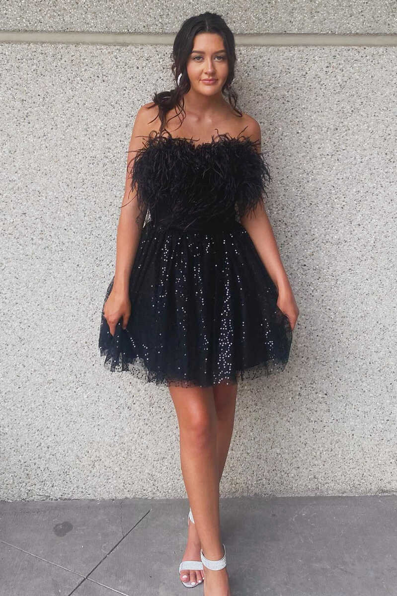 Robe de soirée courte à paillettes et plumes noires A-Line gh1353
