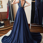 Double V-Neck Navy Blue Beads Crystal A Line Formal Prom Dresses  gh1056