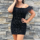 Black Sequin Off-the-Shoulder Feathered Short Party Dress gh1271