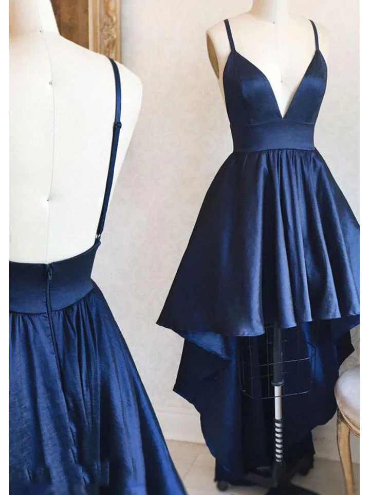 High Low Navy Blue Deep V Neck Spaghetti Straps Backless A Line Satin Homecoming Dresses gh1737