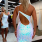 One-Shoulder White Iridescent Sequin Cutout Mini Party Dress gh1351
