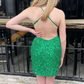 Green Sequin V-Neck Lace-Up Tight Short Homecoming Dress gh1246