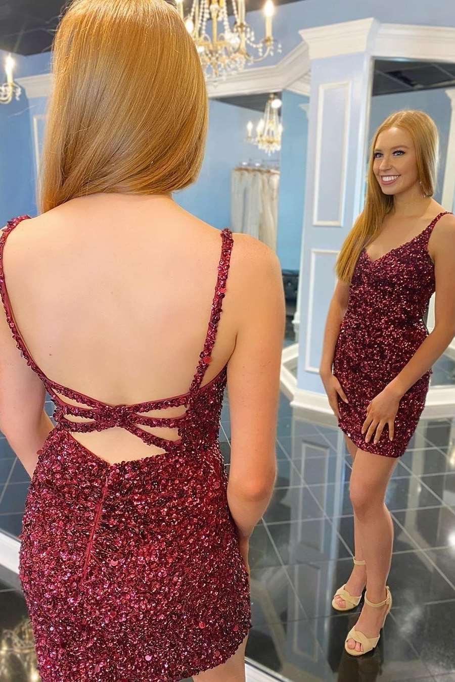 Red Sequins Tight Mini Homecoming Dress gh1198