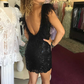 Black Sequin Plunge V Open Back Feathered Short Homecoming Dress gh1258