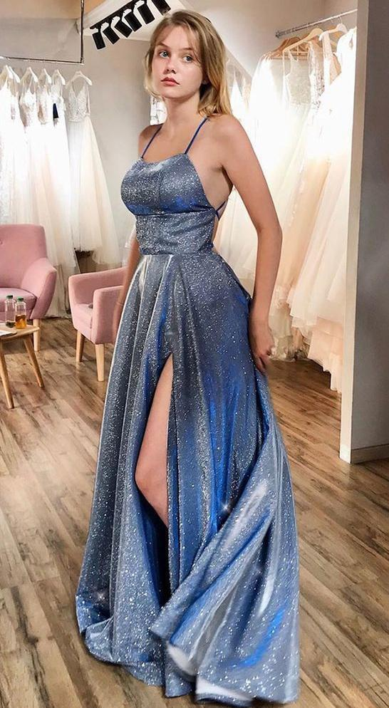 Sparkly A-line Long Prom Dresses with Slit  gh1024