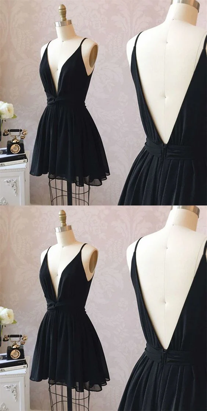 Nettes schwarzes Heimkehrkleid mit V-Ausschnitt Kurzes schwarzes formelles Kleid Partykleid gh1735