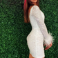 White Sequin Square Neck Long Sleeve Feather Short Party Dress  gh1254