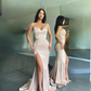 Sexy Long Mermaid Elegant Strapless Prom Dresses  Sleeveless High Split Button Satin Formal Dress Women Evening Party Gowns  gh1141