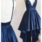 High Low Navy Blue Deep V Neck Spaghetti Straps Backless A Line Satin Homecoming Dresses gh1737