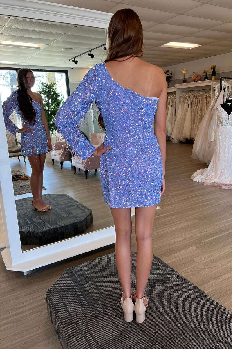 Periwinkle Sequin One Sleeve Fringe Short Homecoming Dress gh1230