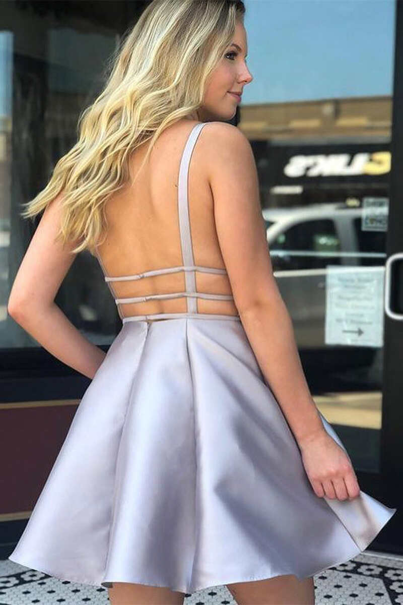 Grey Plunge V Open Back Short Homecoming Gown gh1222
