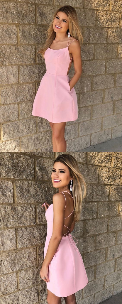 Cute Short Straps Pink Homecoming Dress,Short Prom Dress with Pockets gh1684
