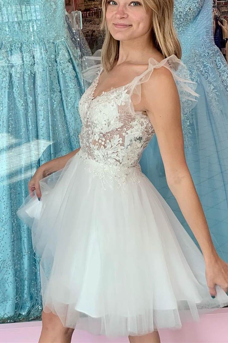 Robe de soirée courte blanche princesse à appliques en forme de A gh1499