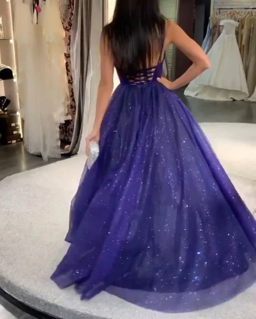 Royal Blue Top Satin Prom Dresses , Prom outfits Long Sparkling Tulle  gh1166