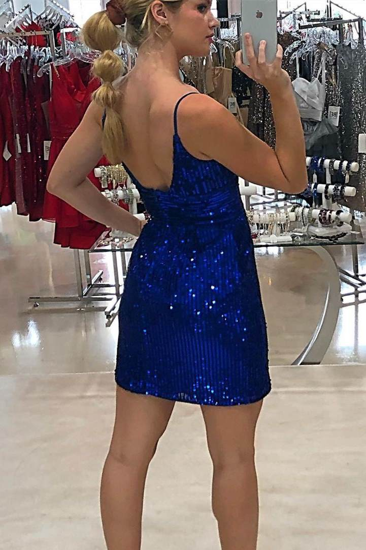 Robe courte moulante à sequins bleu roi avec bretelles gh1503