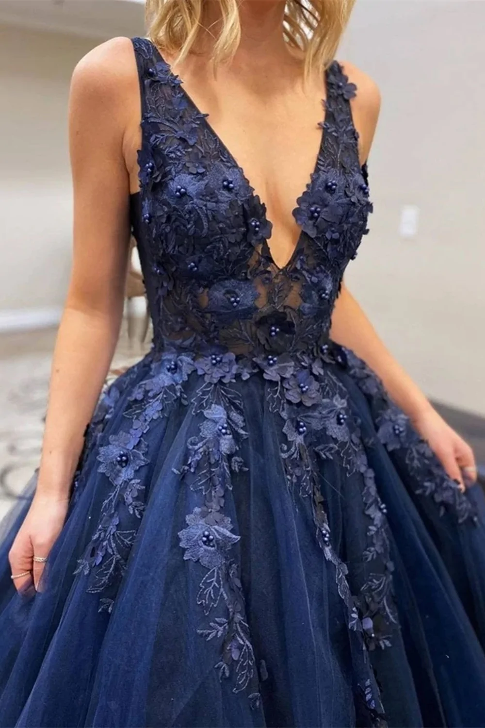 A Line V Neck Dark Blue Lace Beaded Prom Dresses, Dark Blue Lace Long Formal Evening Dresses gh1163