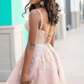 Pink A-line V-neck short lace prom dress formal homecoming dress party dress gh1616