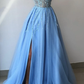 Himmelblaues Ballkleid mit Schlitz, Abendkleid, Abendkleider gh1099