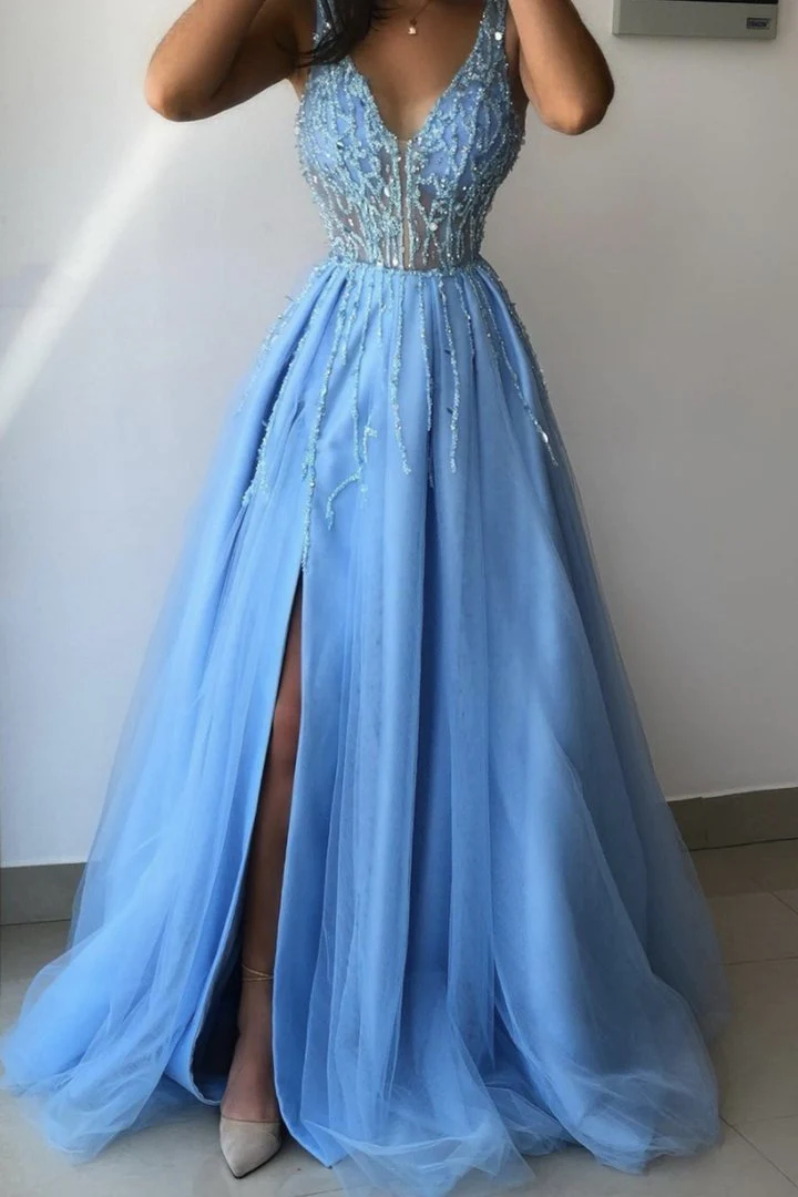 Himmelblaues Ballkleid mit Schlitz, Abendkleid, Abendkleider gh1099