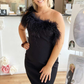 Feathers Black One-Shoulder Bodycon Short Cocktail Dress  gh1226