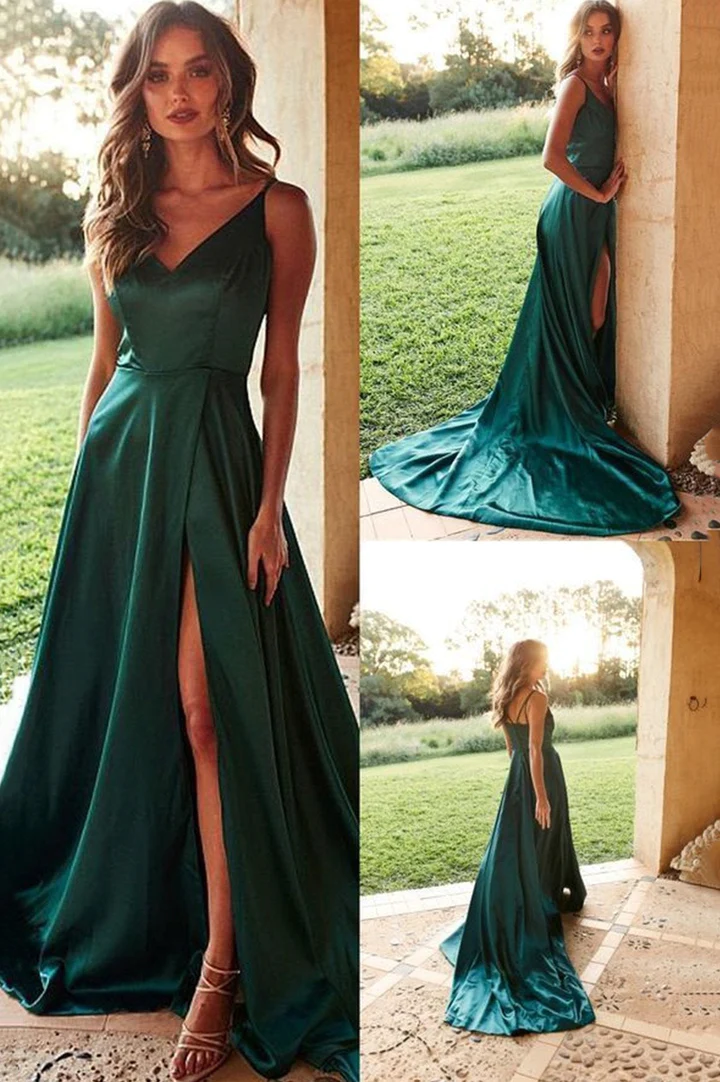 Langes Ballkleid aus grünem Satin A-Linie Abendkleid gh1106