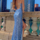 Prom Dress With Side Slit Spaghetti Straps Blue Sequin Mermaid gh1096