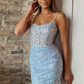 Superbe mini robe de soirée à bretelles en dentelle bleu clair gh1358