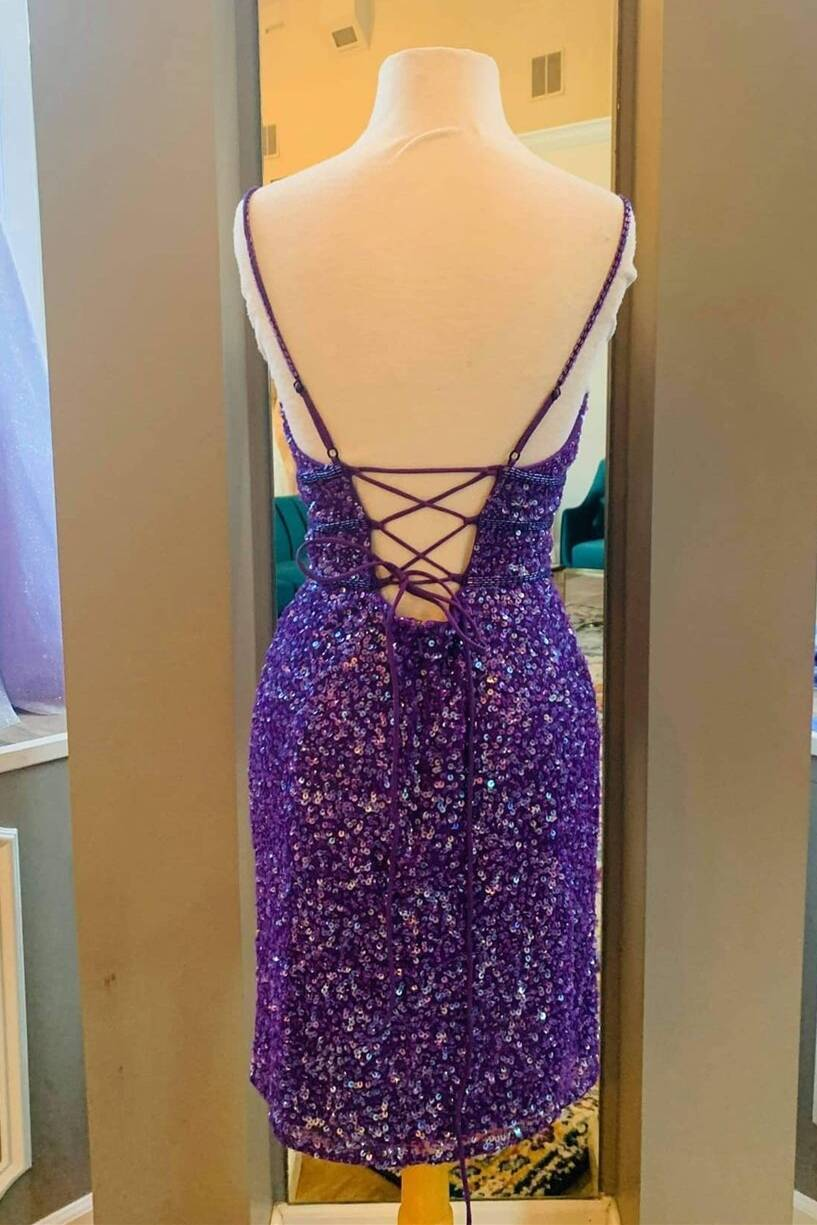 Purple Sequins Tight Short Party Dress gh1561