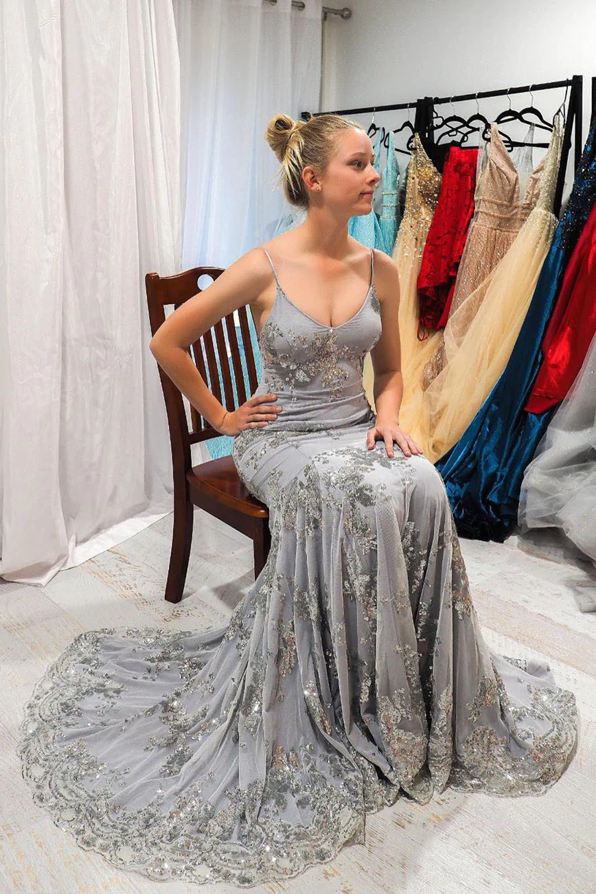 Mermaid V-Neck Silver Long Prom Dress with Open Back gh1046
