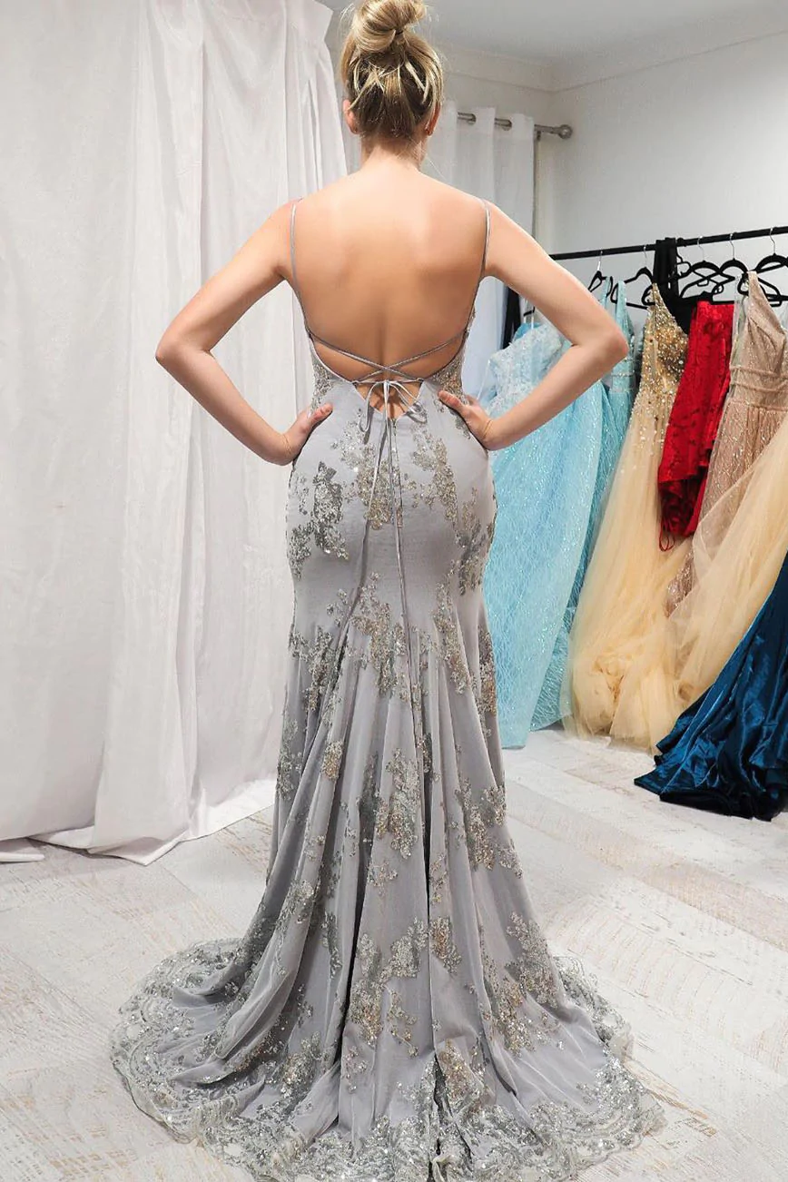 Mermaid V-Neck Silver Long Prom Dress with Open Back gh1046