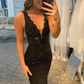 Elegant Glitter Rhinestone Black Lace Long Prom Dress gh1104