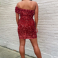 Wine Red Sequin One-Shoulder Short Homecoming Dress gh1237