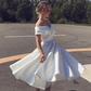 A Line Ankle Length Homecoming Dress, Ivory Off Shoulder Satin Short Wedding Dresses  gh1630