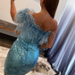 One-Shoulder Light Blue Sequins Feather Mini Homecoming Dress gh1446