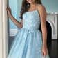 A Line Light Blue Tulle Homecoming Dress With Lace Appliques, Short Prom Dress gh1681