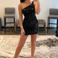 Black Sequins One-Shoulder Short Fitted Homecoming Dress gh1450