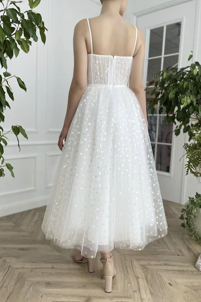 White A-Line Tulle Long Prom Dress, Homecoming Dress gh1756